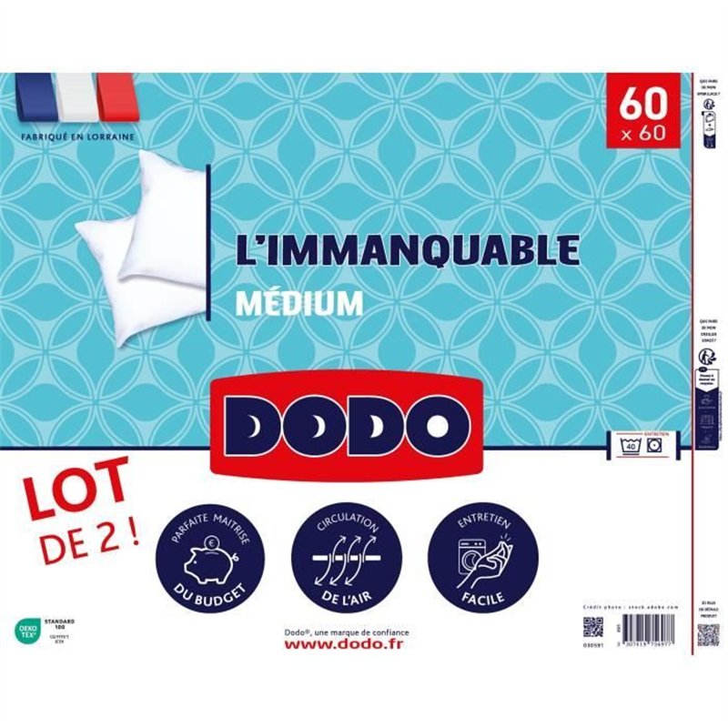 DODO - Lot de 2 oreillers - L'IMMANQUABLE - 60 x 60 cm - Blanc