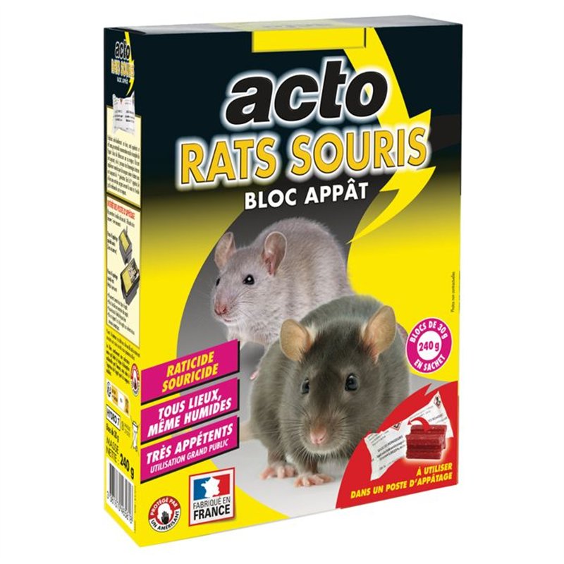 Appât pour rats et souris - ACTO - 12 blocs de 20 g - Très attractif - Dératisation efficace - Poids total 240 g