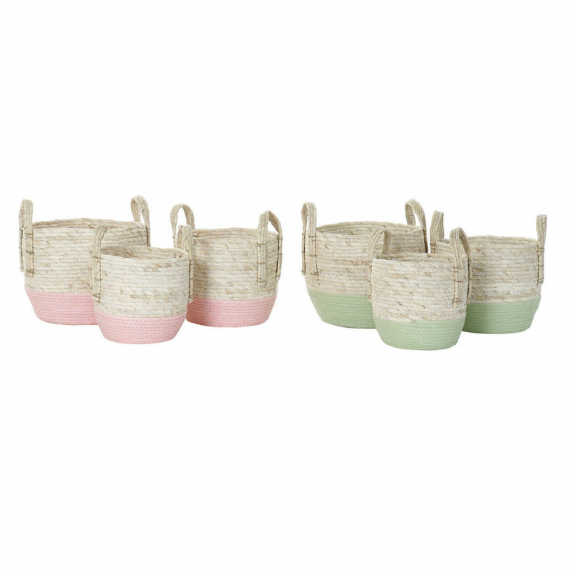 Image secondaire de Set de basket DKD Home Decor Naturel Rose Vert Fibre naturelle 30 x 30 x 32 cm Boho (2 Unités)