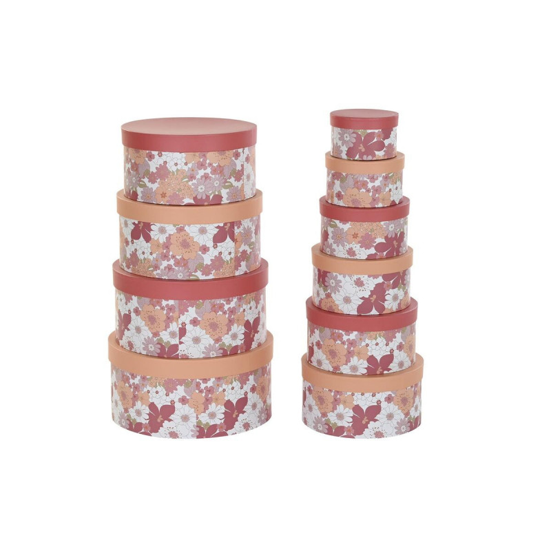 Image secondaire de Jeu de Caisses de Rangement Empilables DKD Home Decor Fleurs Rayures Fuchsia Blanc Pêche Carton (37,5 x 37,5 x 18 cm)