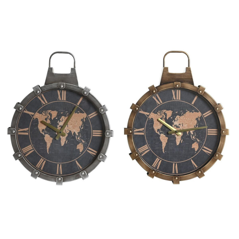 Horloge Murale DKD Home Decor 42 x 8,5 x 54 cm Verre Argenté Doré Fer Mappemonde (2 Unités)