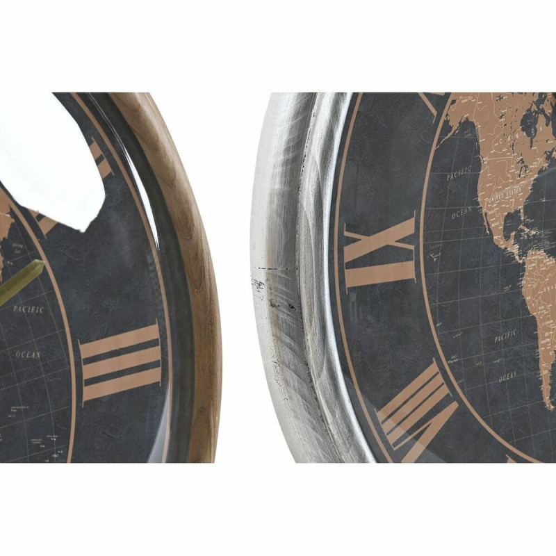 Image secondaire de Horloge Murale DKD Home Decor 46 x 6,5 x 46 cm Verre Argenté Noir Doré Marron Fer Mappemonde (2 Unités)