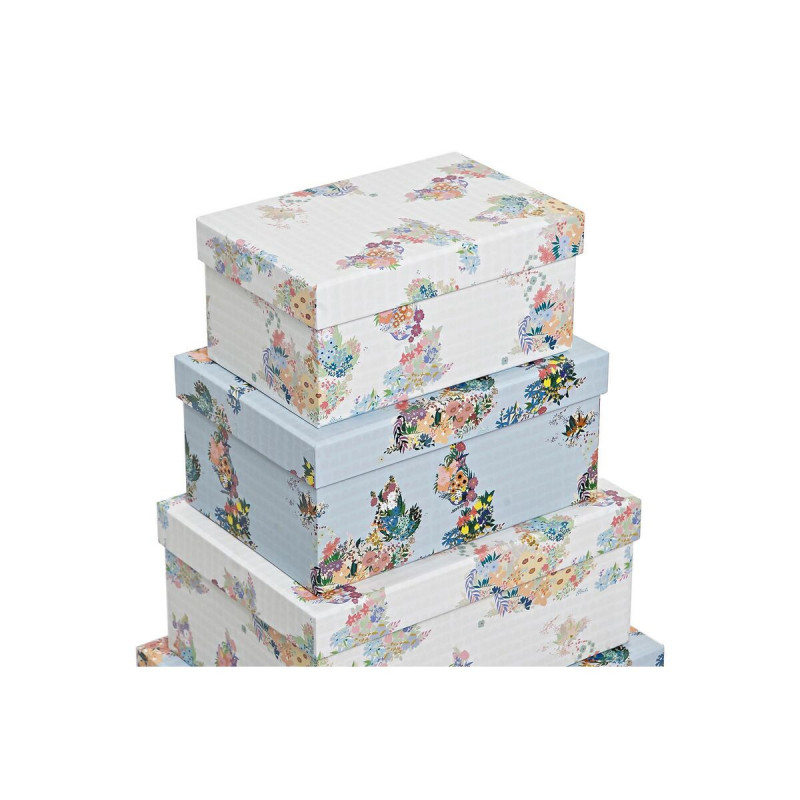 Image secondaire de Jeu de Caisses de Rangement Empilables DKD Home Decor Bleu Blanc Fleurs Carton (43,5 x 33,5 x 15,5 cm)