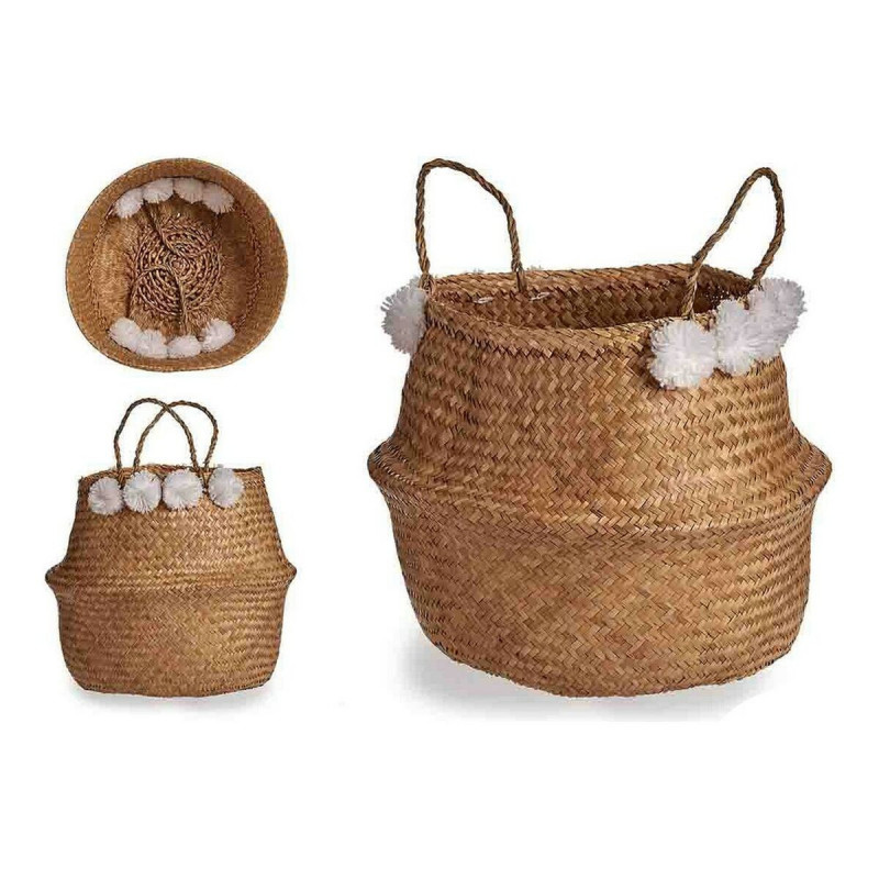 Image secondaire de Panier Blanc Marron Naturel Joncs Pompons 8 L 32 x 30 x 32 cm