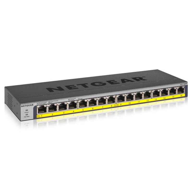 Netgear GS116PP Non-géré Gigabit Ethernet (10/100/1000) Connexion Ethernet, supportant l'alimentation via ce port (PoE) Noir