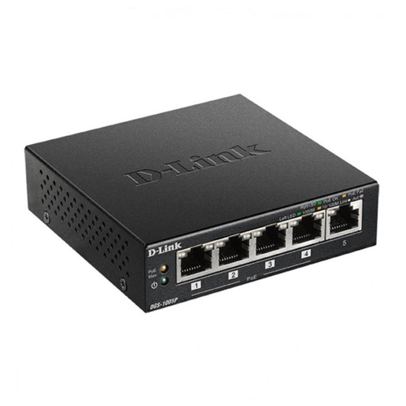 D-Link DGS-1005P Non-géré L2 Gigabit Ethernet (10/100/1000) Connexion Ethernet, supportant l'alimentation via ce port (PoE) Noir