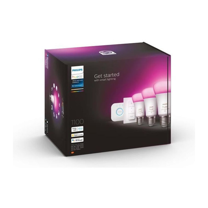 Philips Hue White and Color ambiance Kit de démarrage : 3 ampoules connectées E27 (1100) + variateur